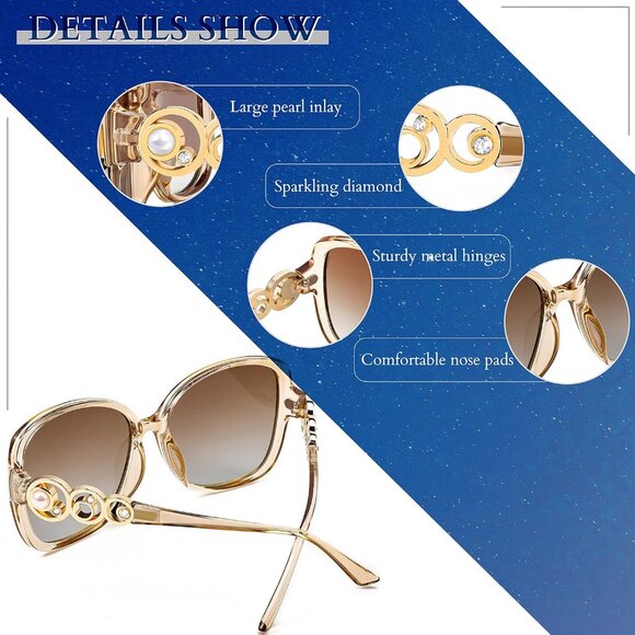 Womens Gold Fashion Sunglasses Square Frame With Pearl Sparkling Eyes Protection - Picture 5 of 15